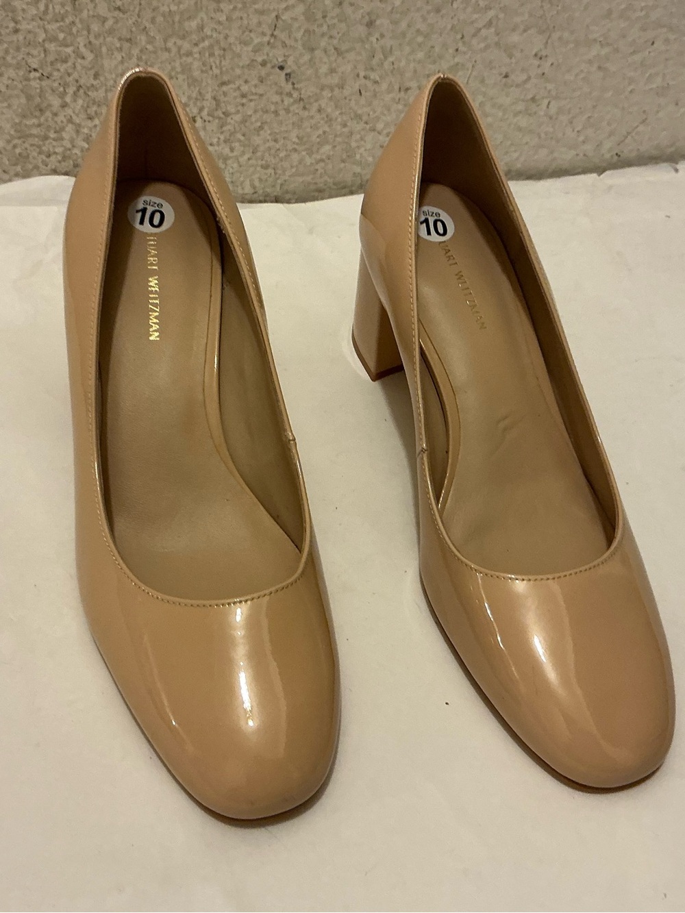 New Stuart Weitzman Patent Leather Block Heel Pumps Nude Beige Women's 10